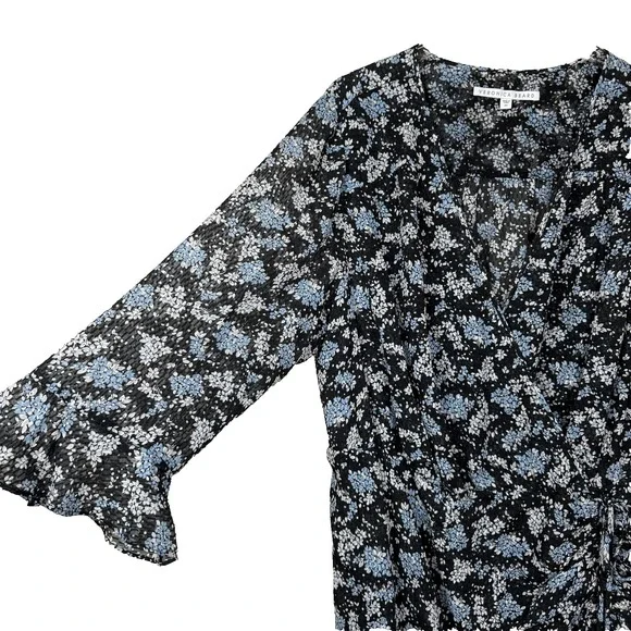 Veronica Beard Sean Wrap Dress Womens 20 Black Ditsy Floral Silk Ruched Ruffle - Picture 5 of 14